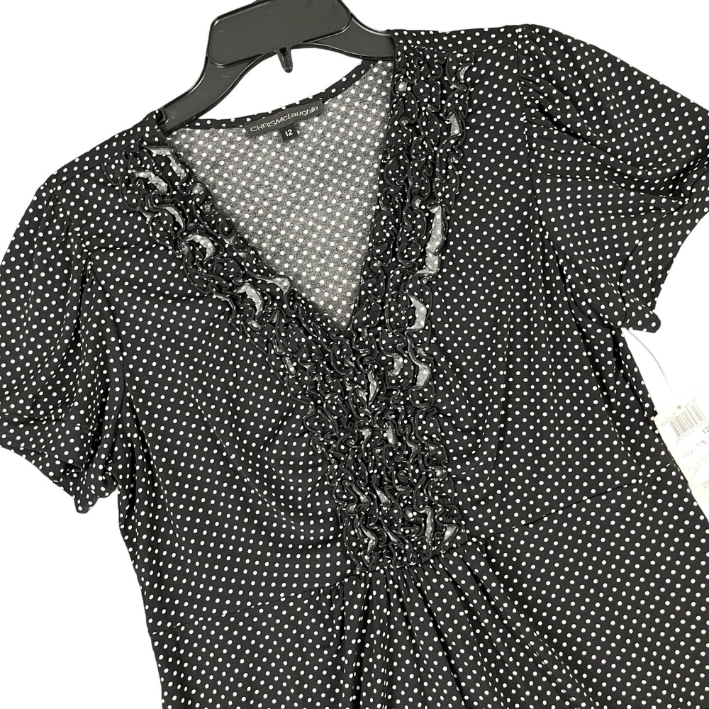 Chris McLaughlin Polka Dot Dress Women 12P Retro Ruffle V-Neck Fit Flare Classic